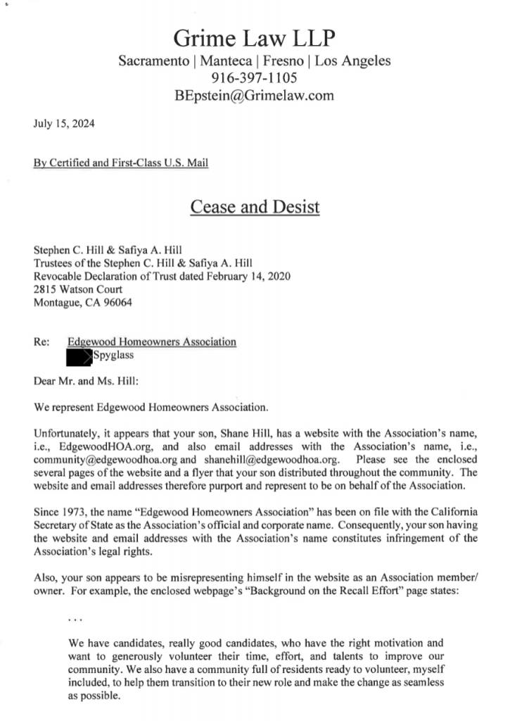 screenshot of first page of cease and desist